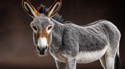 Fototapeta premium A donkey with brown ears and a white face stands in front of a brown background. The donkey appears to be looking at the camera, possibly curious or alert