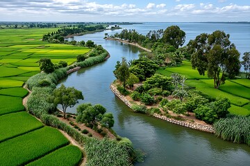 Tropical trees lining river in countryside high resolution picture
