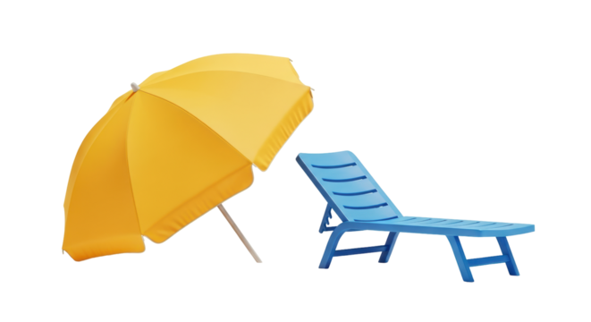 Isolated beach umbrella and lounge chair on a bright day, outdoor furniture for vacation