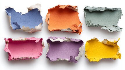 A series of colorful paper cutouts, each with a different color and shape. The paper is torn and crumpled, giving the scene a sense of chaos and disarray. The colors of the paper cutouts are vibrant