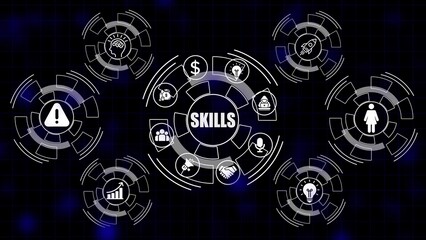 Fototapeta premium Central word S K I L S surrounded by white icons in circular gears on dark blue background skills learning