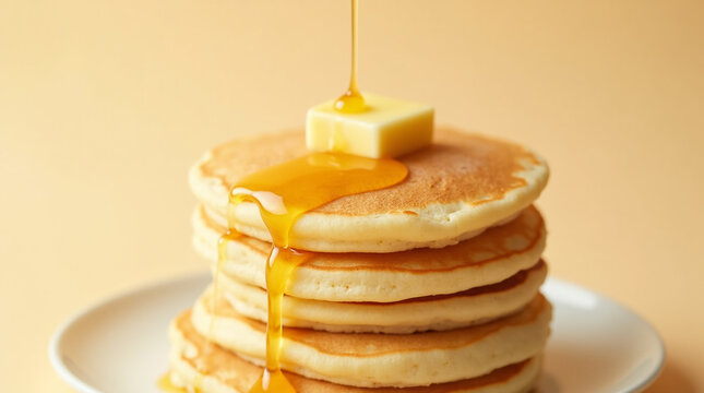 Stack of fluffy pancakes with butter on top, dripping golden maple syrup