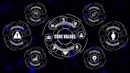 Core values concept with icons for teamwork innovation finance and growth on dark digital background