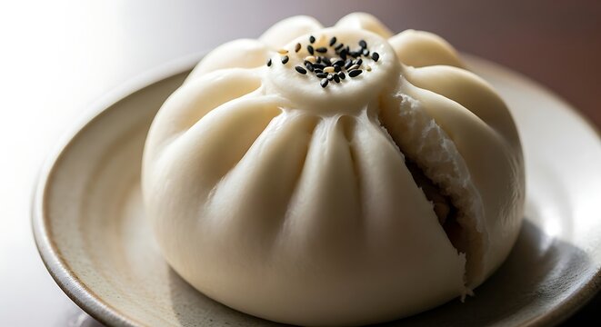 Close up of a steamed bun on a plate with black sesame seeds on top - Powered by Adobe