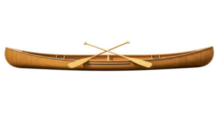 Isolated wood canoe with paddles for rowing on water outdoors, traditional wooden style