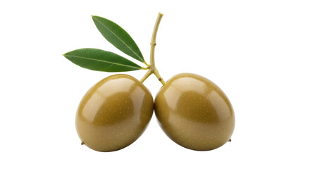 Isolated pair of green olives with stem and leaves against a neutral backdrop.