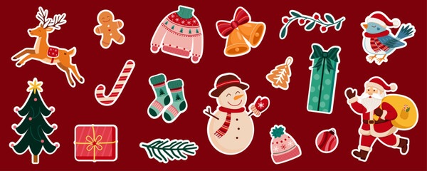 Holiday sticker pack with santa claus, reindeer, Christmas tree, snowman, gingerbread cookie, gift, mitten, bow, bell, bird, toy, ornament. Winter season vector design
