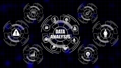 Data analysis concept with icons for finance ideas teamwork and success on a dark background technology