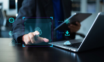 Man hand with cupped hands under a glowing AI interface surrounded by futuristic tech icons. Ideal for artificial intelligence, innovation