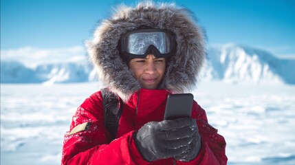 A man in a red coat is looking at his phone while standing on a snowy mountain. Concept of solitude and isolation, as the man is alone in the vast, cold landscape