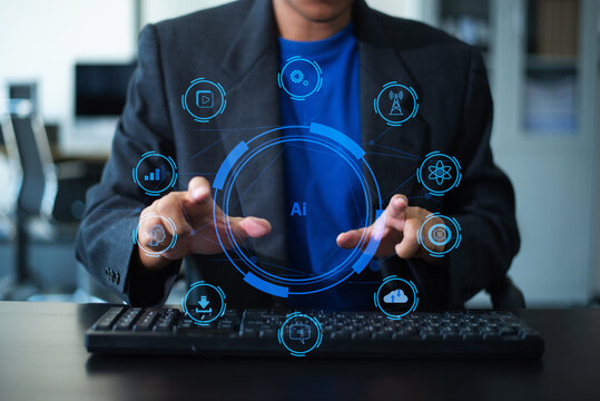 A professional man works on a laptop, using a digital interface with AI icons. Perfect for themes of technology, business, and modern innovation. - Powered by Adobe