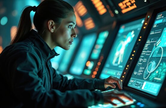 Female astronaut focused intently on spacecraft controls and digital displays. Woman operates interface, monitors mission parameters and navigation data on futuristic dashboard. Space flight system. - Powered by Adobe