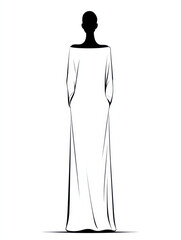 Elegant Silhouette: A minimalist illustration of a woman in a flowing maxi dress, viewed from behind, against a white background. Her posture conveys grace and serenity. 