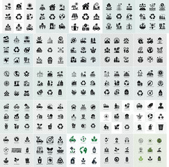 Collection of black and white eco-friendly icons, depicting various sustainable practices and concepts.