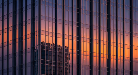 Modern Architecture Reflecting a Sunset and Building in Downtown Urban Environment with Rectangular Blue Glass Panels and Smooth Surface Texture and Golden Lighting