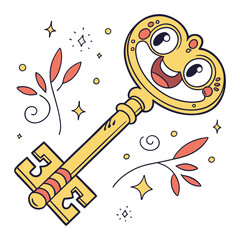 Vintage key and lock outline drawing with ornate design and simple padlock. Outline vector illustration