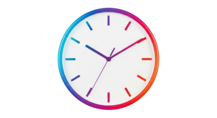 Isolated modern clock with rainbow gradient edge shows time nearing ten past four o'clock