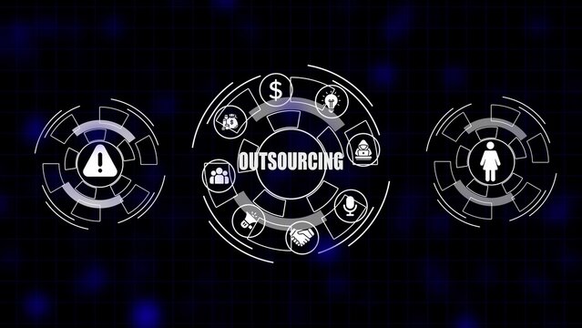 Digital diagram with word outsourcing and icons for finance teamwork risk and gender business money