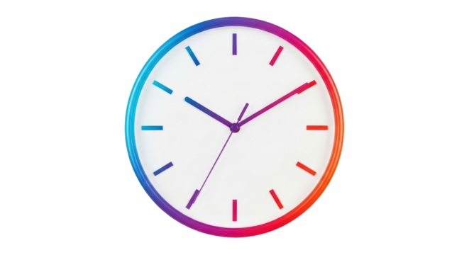 Isolated modern clock with rainbow gradient edge shows time nearing ten past four o'clock