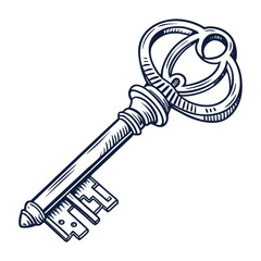 Vintage key and lock outline drawing with ornate design and simple padlock. Outline vector illustration