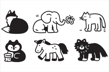 Charming collection of simple hand-drawn animal illustrations. Cute doodle set featuring a fox, elephant, cat, horse, and lion for kids
