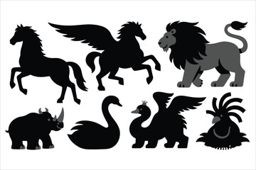 Collection of silhouettes of mythical creatures and animals Horse, Pegasus, Lion, Rhino, Swan, Parrot