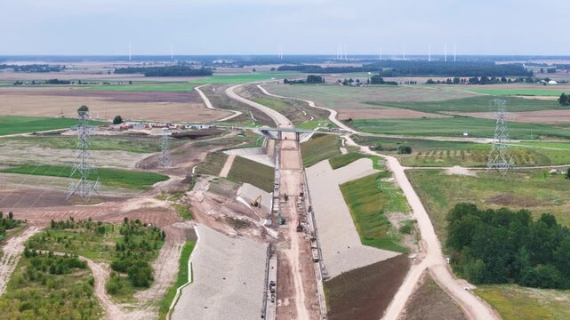 Construction site of Railbaltica railway, aerial drone panoramic view