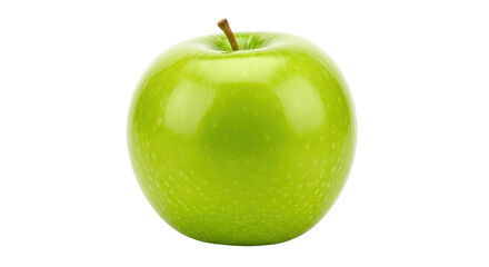 Isolated Granny Smith apple, with a glossy, smooth surface and a short stem, juicy and sweet