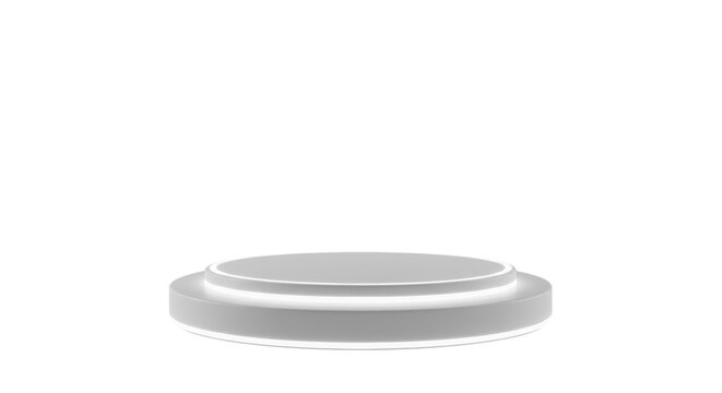 Perfectly circular elevated transparent display platform with a cool-white glow, minimalist design, centered on an infinite transparent background with copy space, concept for modern product