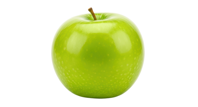 Isolated Granny Smith apple, with a glossy, smooth surface and a short stem, juicy and sweet