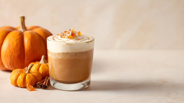 Pumpkin latte with whipped cream and caramel on light background