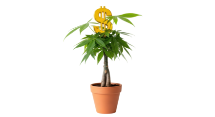 Isolated money tree plant with golden dollar sign, potted houseplant, finance prosperity