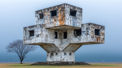 Abstract concrete structure, weathered, misty