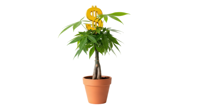 Isolated money tree plant with golden dollar sign, potted houseplant, finance prosperity