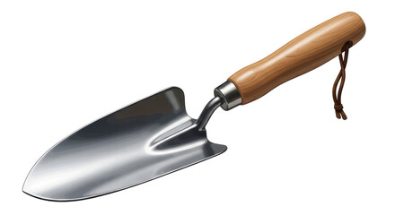 Isolated gardening trowel with wood handle and leather strap, tool for home gardening