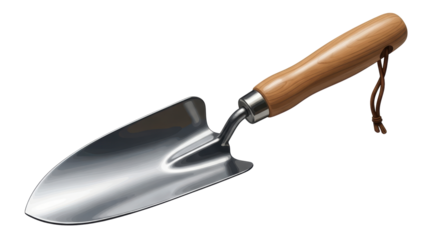 Isolated gardening trowel with wood handle and leather strap, tool for home gardening