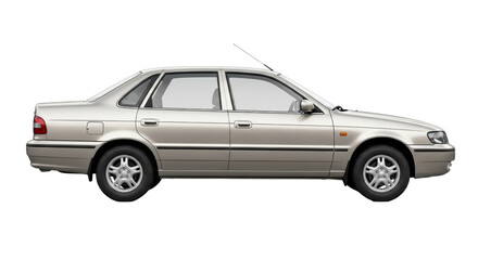 Isolated silver four-door sedan car vehicle, economy family vehicle with no background