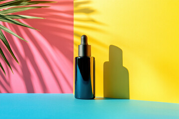 Mockup of beauty cosmetic makeup bottle with dropper on blue surface and yellow background, palm leaf shadow. Skincare product concept