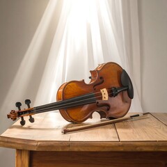 Violin on wooden table by window