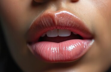 Fototapeta premium Close-up of Indian teenage girl lips. Pink lips curve with white teeth. Soft gray background makes lips stand out. Slightly open mouth inner lips. Beauty, facial expression, teenage girl, close-up,