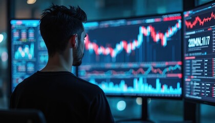 Man in dark room studies multiple computer monitors displaying financial data graphs. Tech environment shows data analysis, statistics, programming insights. Back view focuses on man interacting with