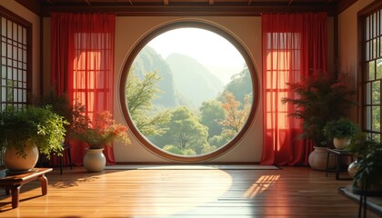 Fototapeta premium Serene room interior with circular window framing garden view. Natural light streams in, illuminating Zen-inspired space with plants, warm wood floors. Red curtains add vibrant touch to peaceful,