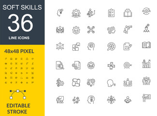 Soft Skills Line Icon Set, 36 Editable Stroke Symbols, Minimal Outline Icons for Communication, Leadership, Teamwork, 48x48 Pixel Soft Skills Thin Line Vector Collection