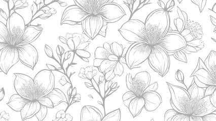 Grey and white seamless patterns background with flowers sakura.  Botanic tropical wallpaper with daisies flower and leaves. 