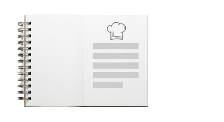 Isolated recipe notebook for chef ideas, menu list or food plan, open journal on a plain surface