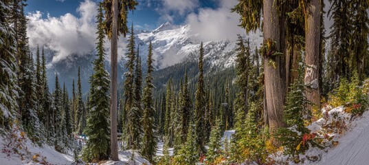 Snowy mountain vista through evergreen forest