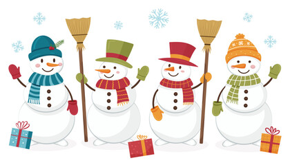 Four happy snowmen with colorful hats and scarves holding brooms, with snowflakes and gifts, celebrating winter fun