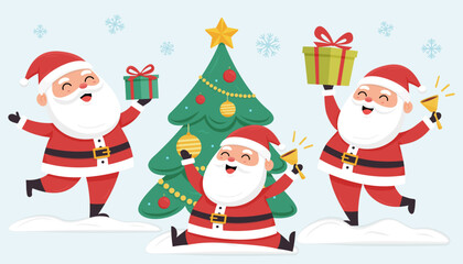 Three happy Santas holding gifts and ringing bells near a decorated Christmas tree on a snowy background, holiday joy