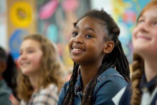 Group of diverse elementary school students listening attentively in class