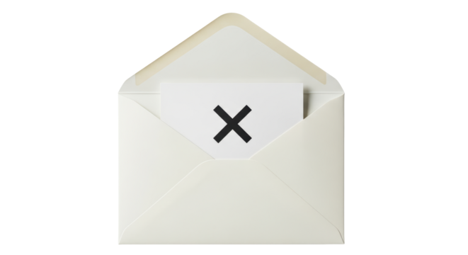 Isolated cream envelope with black X marked on document suggests rejection, denial, wrong